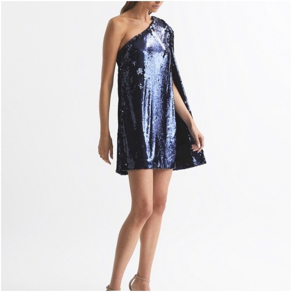 Reiss Mini Dress Eva Midnight Blue Sequin One Shoulder Cape Dress Size 8 US